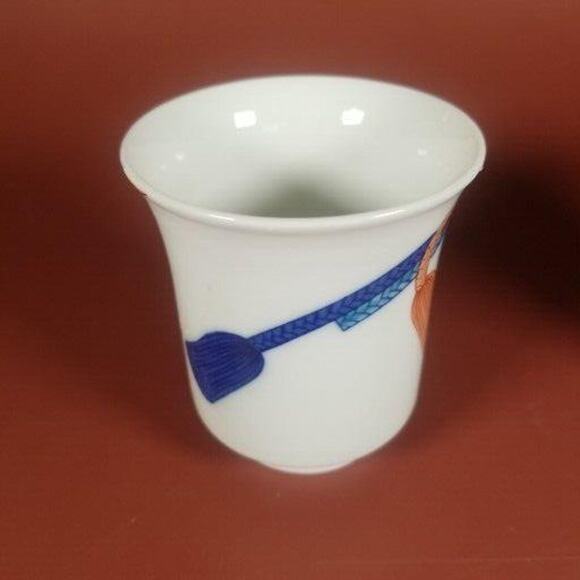 Japanese Tea Cup Mugs With Lids, Tassel Print Blue And Orange Two Sizes Lot of 2 - Picture 3 of 11